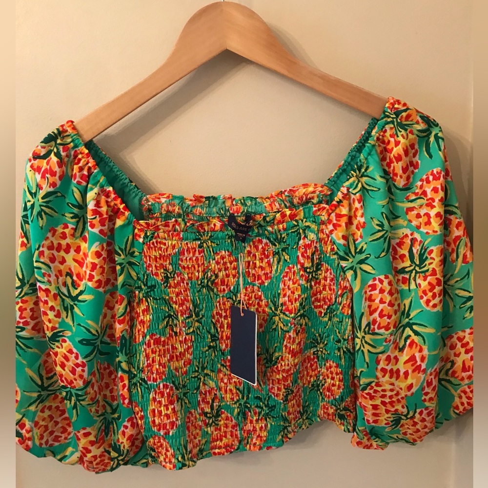 NWT Skies Are Blue Green & Orange Hawaiian Smocked Crop Top Small